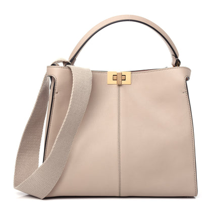 Fendi Vitello Seta Glazed Fabric FF 1974 Medium Peekaboo X-Lite Nuvola Mogano Panna 1 of 12