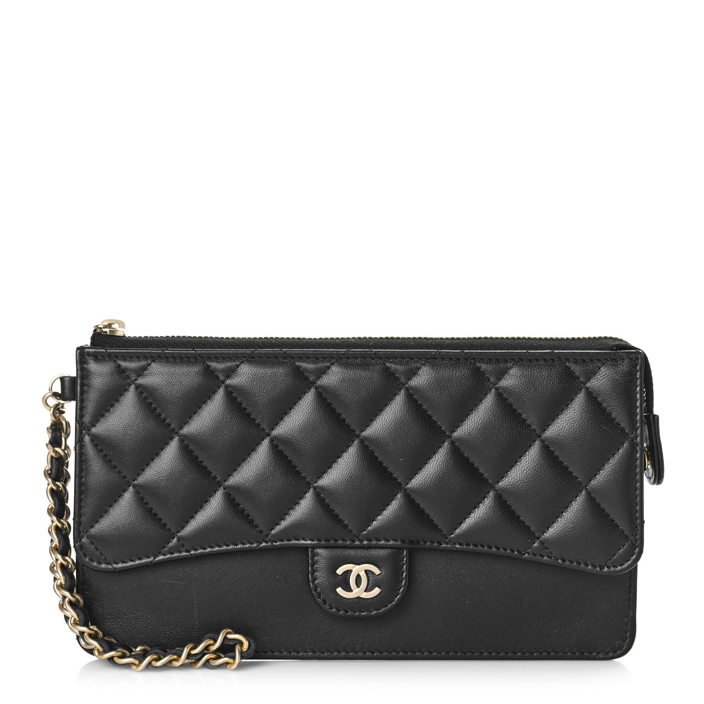 Lambskin Quilted Classic Pouch With Handle Black