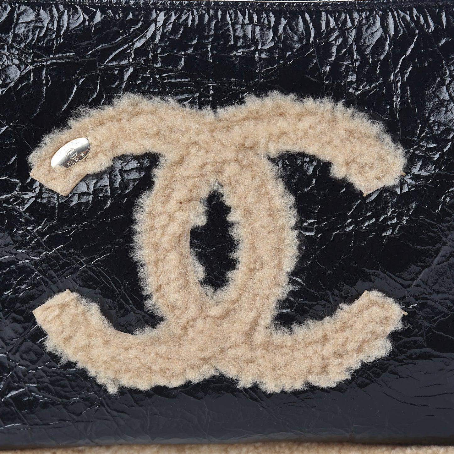 Shiny Crumpled Sheepskin Shearling Medium Cosmetic Case Black Beige