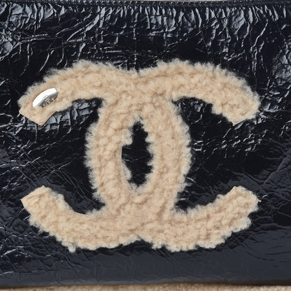 Chanel Shiny Crumpled Sheepskin Shearling Medium Cosmetic Case Black Beige 8 of 9