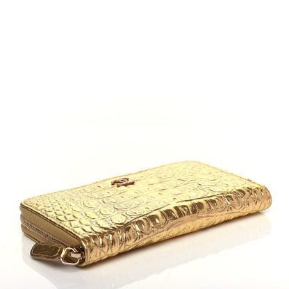 Chanel Metallic Calfskin Crocodile Embossed Small Zip Wallet Gold 4 of 9
