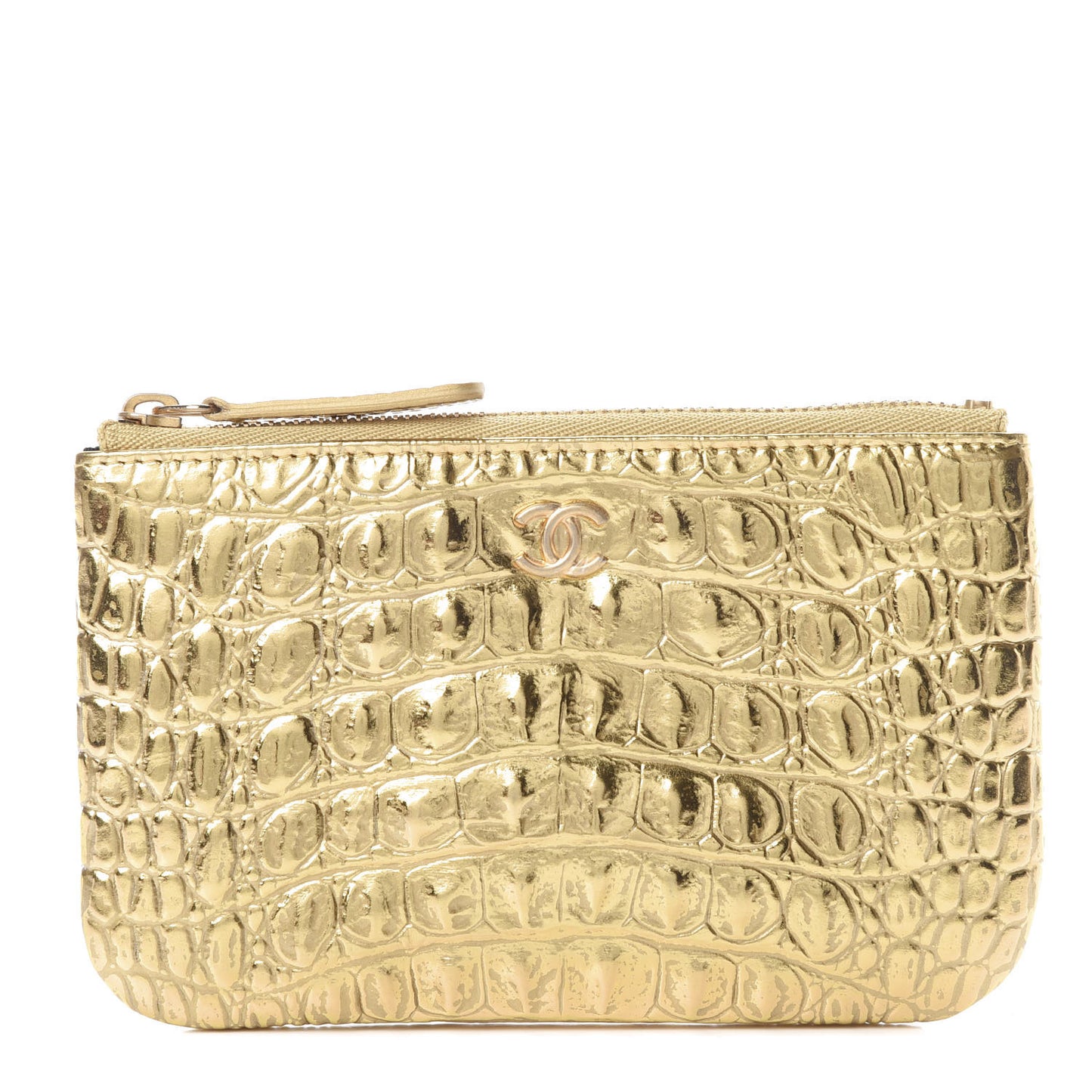 Metallic Calfskin Crocodile Embossed Cocodile Cosmetic Case Gold