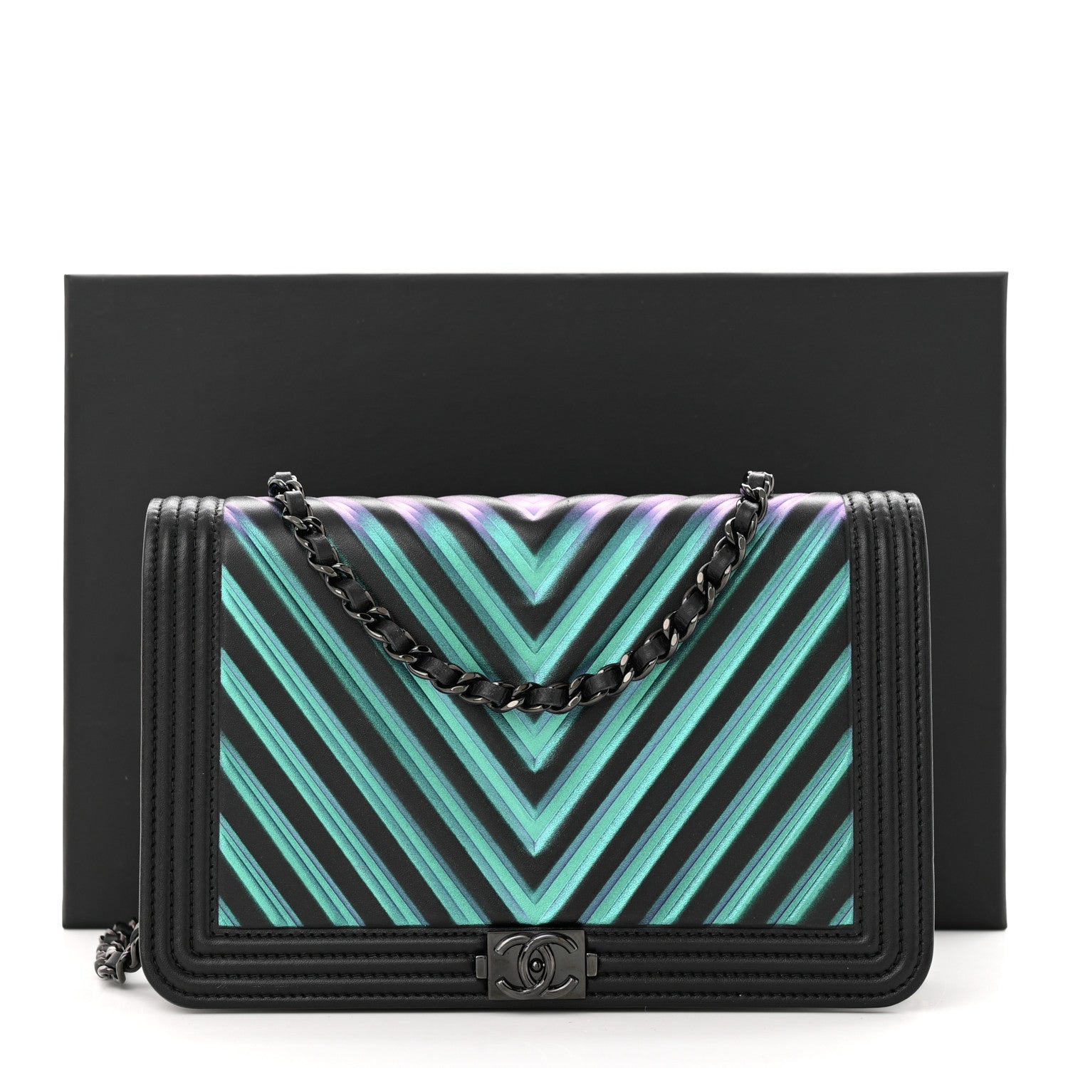 Chanel Calfskin Painted Chevron Embossed Boy Wallet On Chain WOC Black 15 of 15