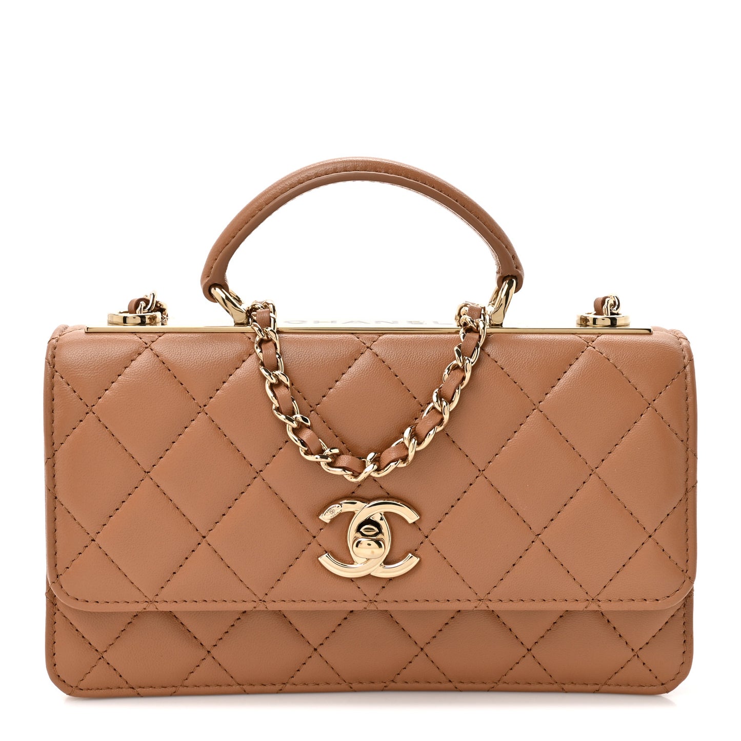 Lambskin Quilted Trendy CC Dual Handle Clutch With Chain Brown