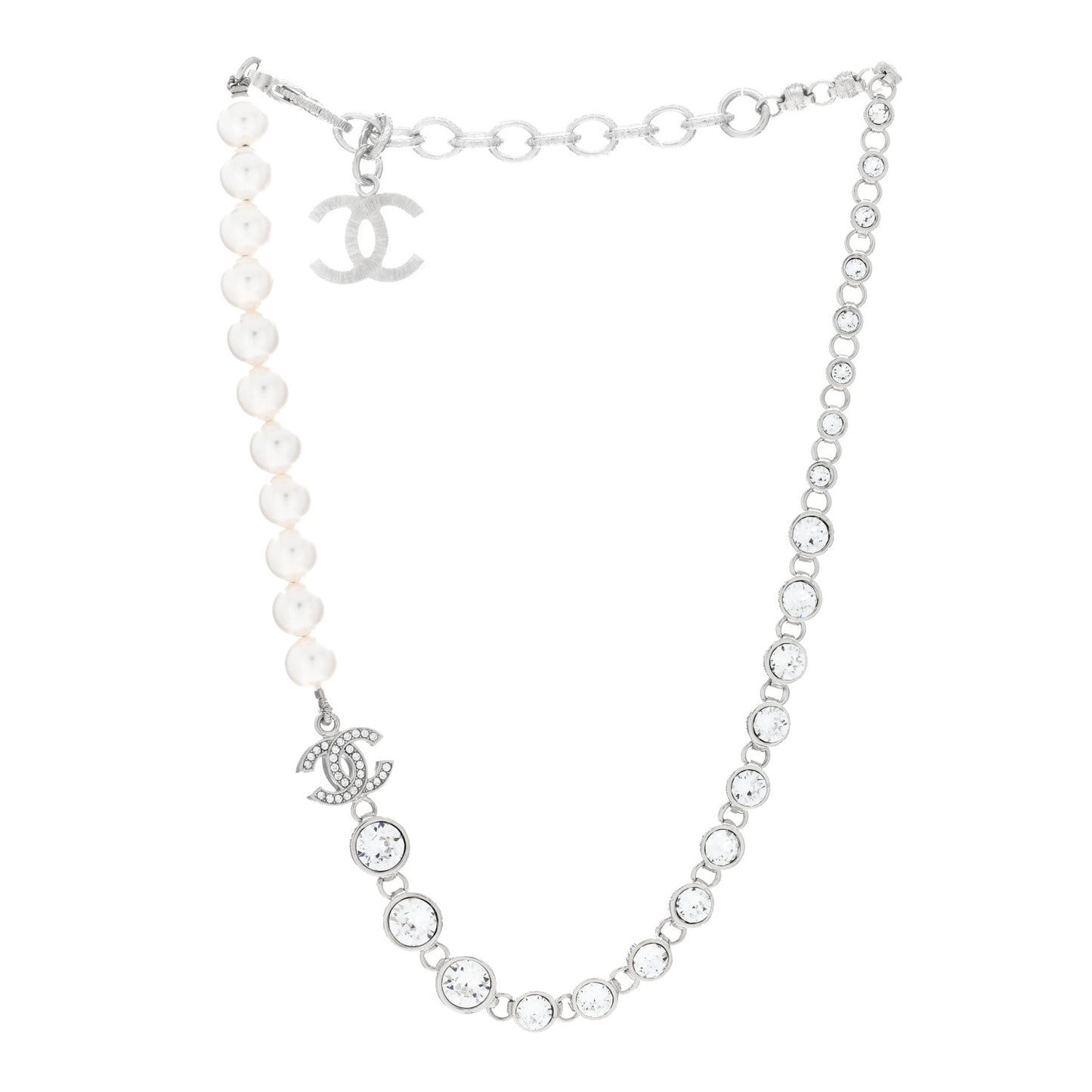 Pearl Crystal CC Choker Necklace Silver