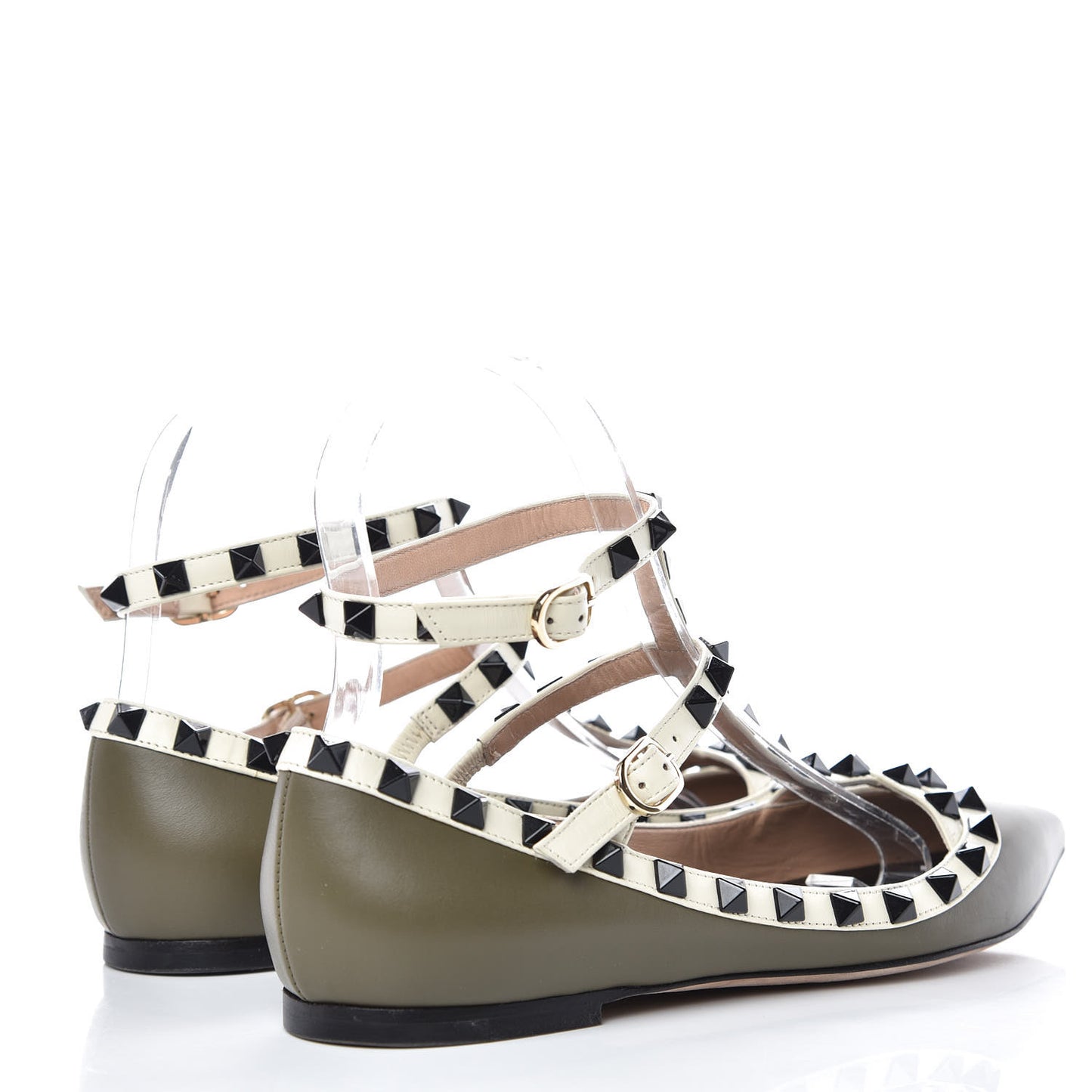 Nappa Rockstud Cage Ballerina Flats 36.5 Army Green Light Ivory