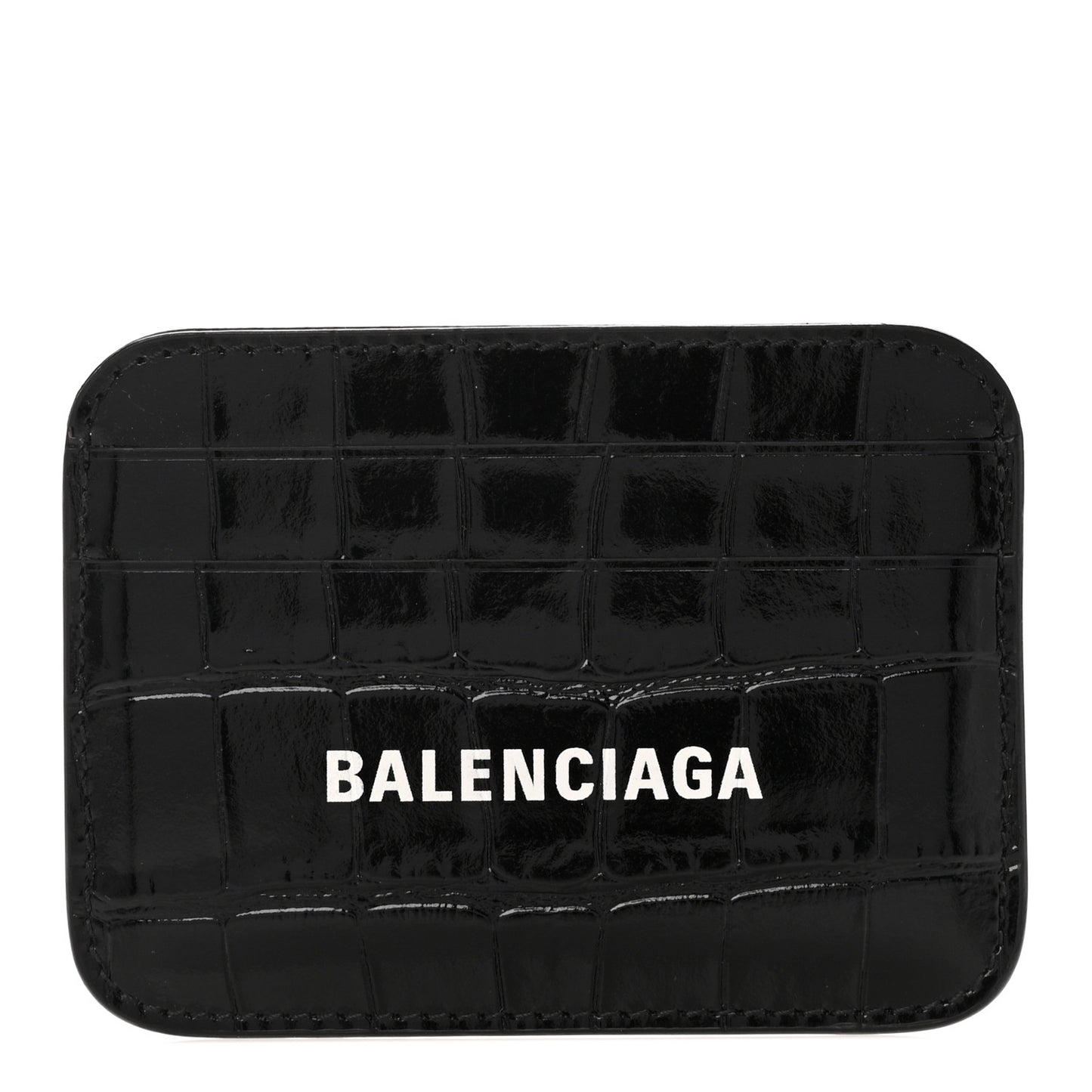 Shiny Calfskin Logo Crocodile Embossed Cash Rounded Card Holder Black White