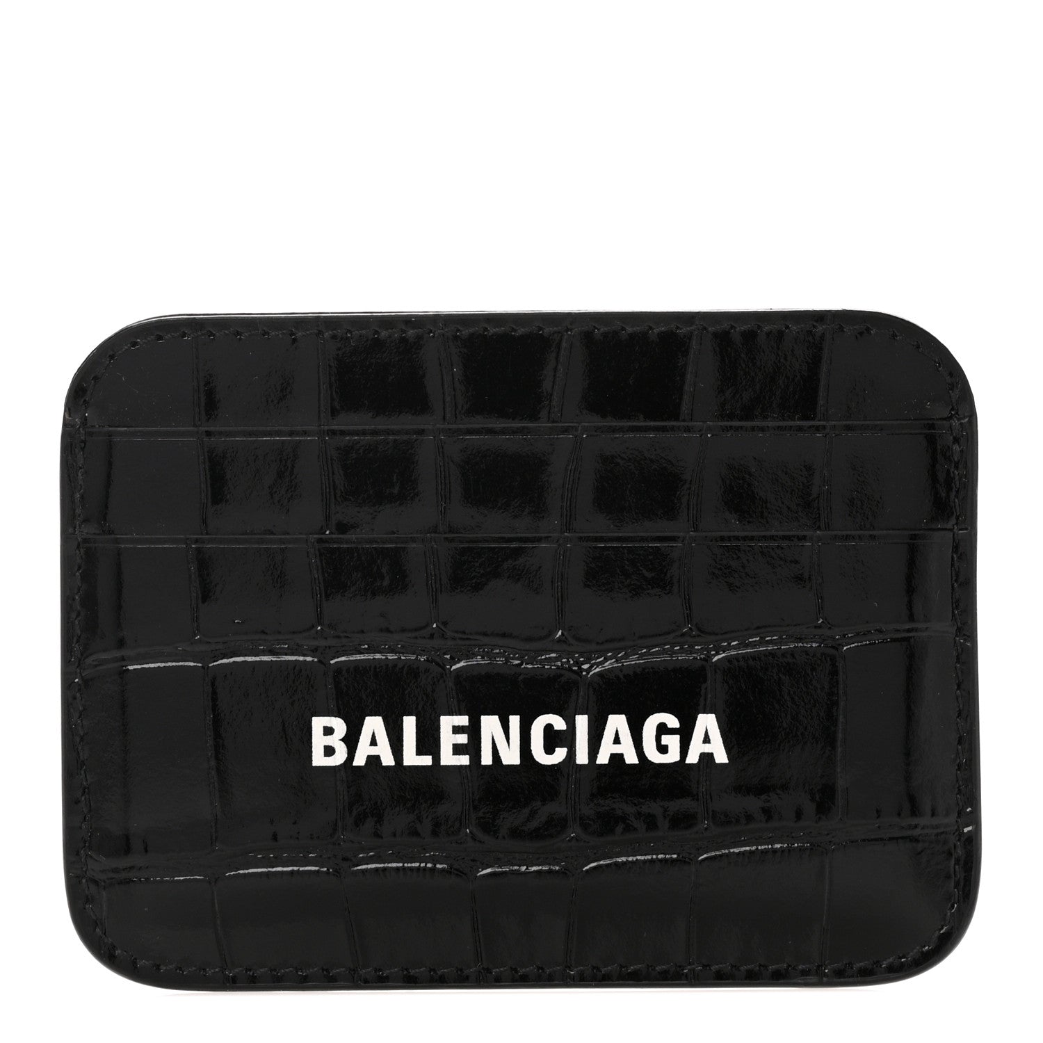 Balenciaga Shiny Calfskin Logo Crocodile Embossed Cash Rounded Card Holder Black White 1 of 9