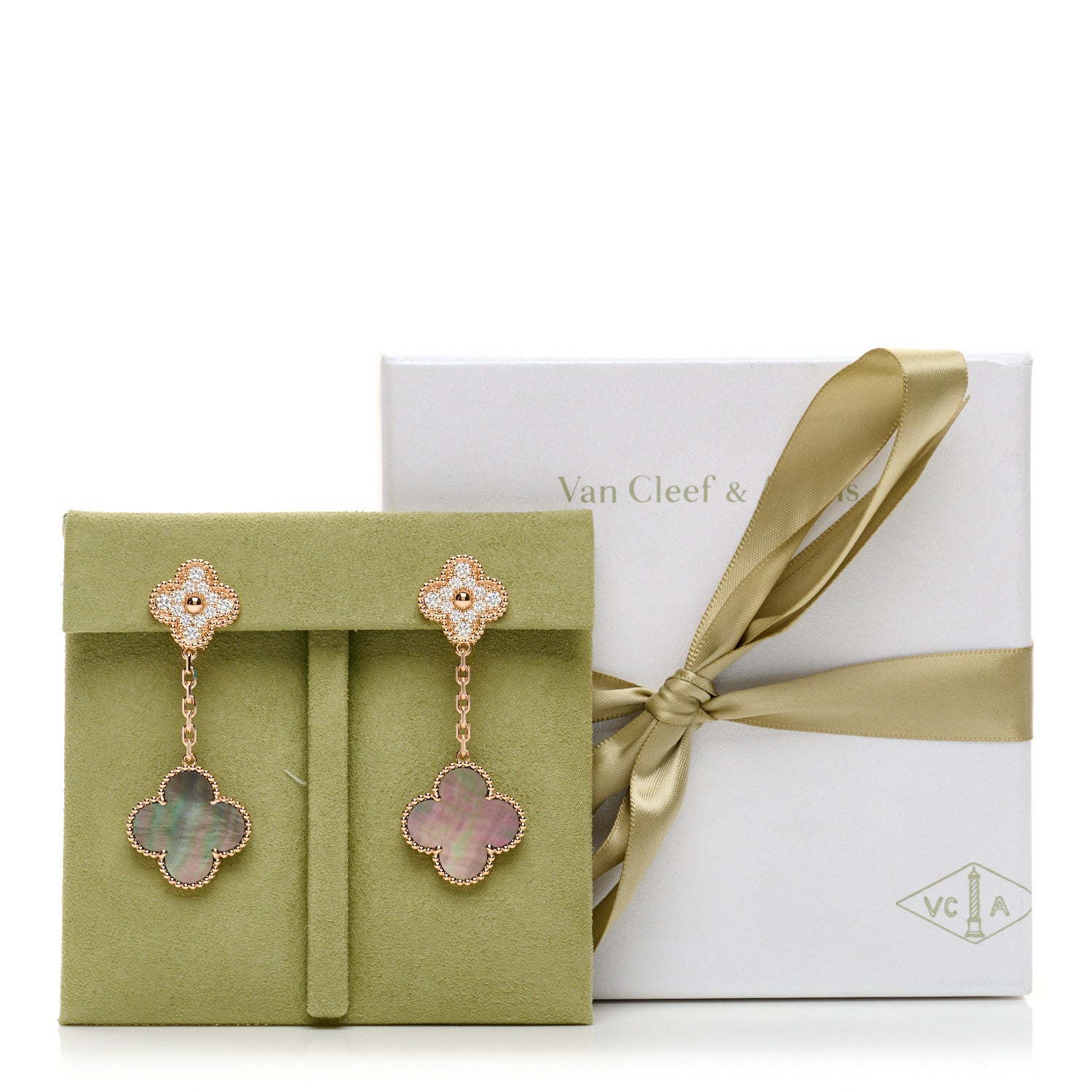 Van Cleef & Arpels 18K Rose Gold Diamond Grey Mother of Pearl Magic Alhambra 2 Motifs Earrings 5 of 5