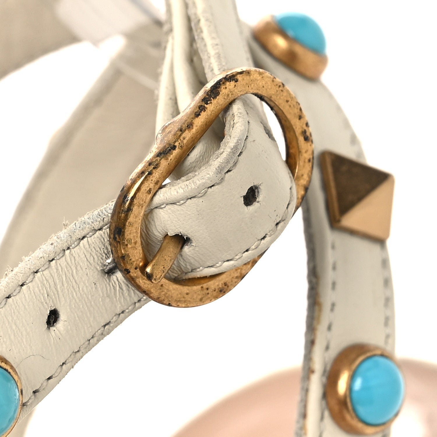 Valentino Garavani Pebbled Calfskin Turquoise Rockstud Rolling Ankle Strap 100mm Pumps 37.5 Ivory 11 of 15