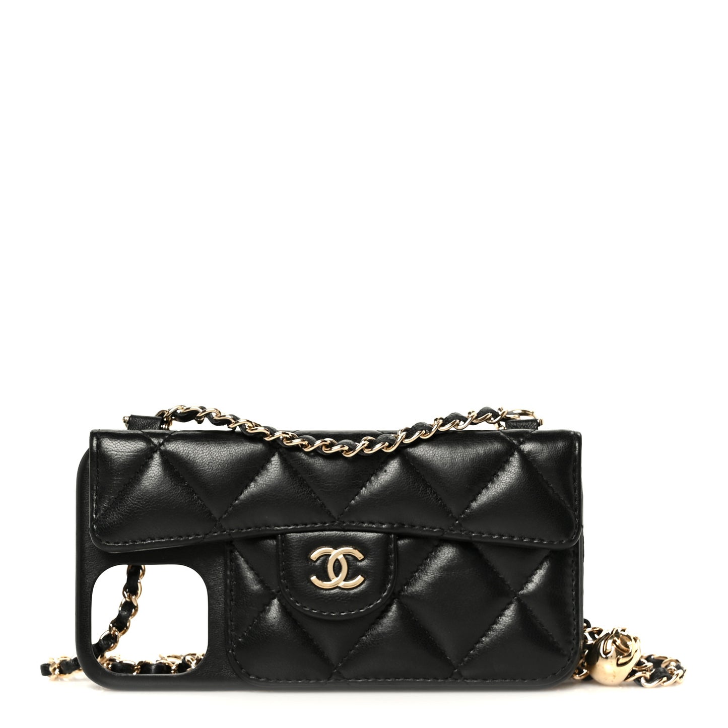 Lambskin Quilted Pearl Crush iPhone XII Pro Holder With Chain Black