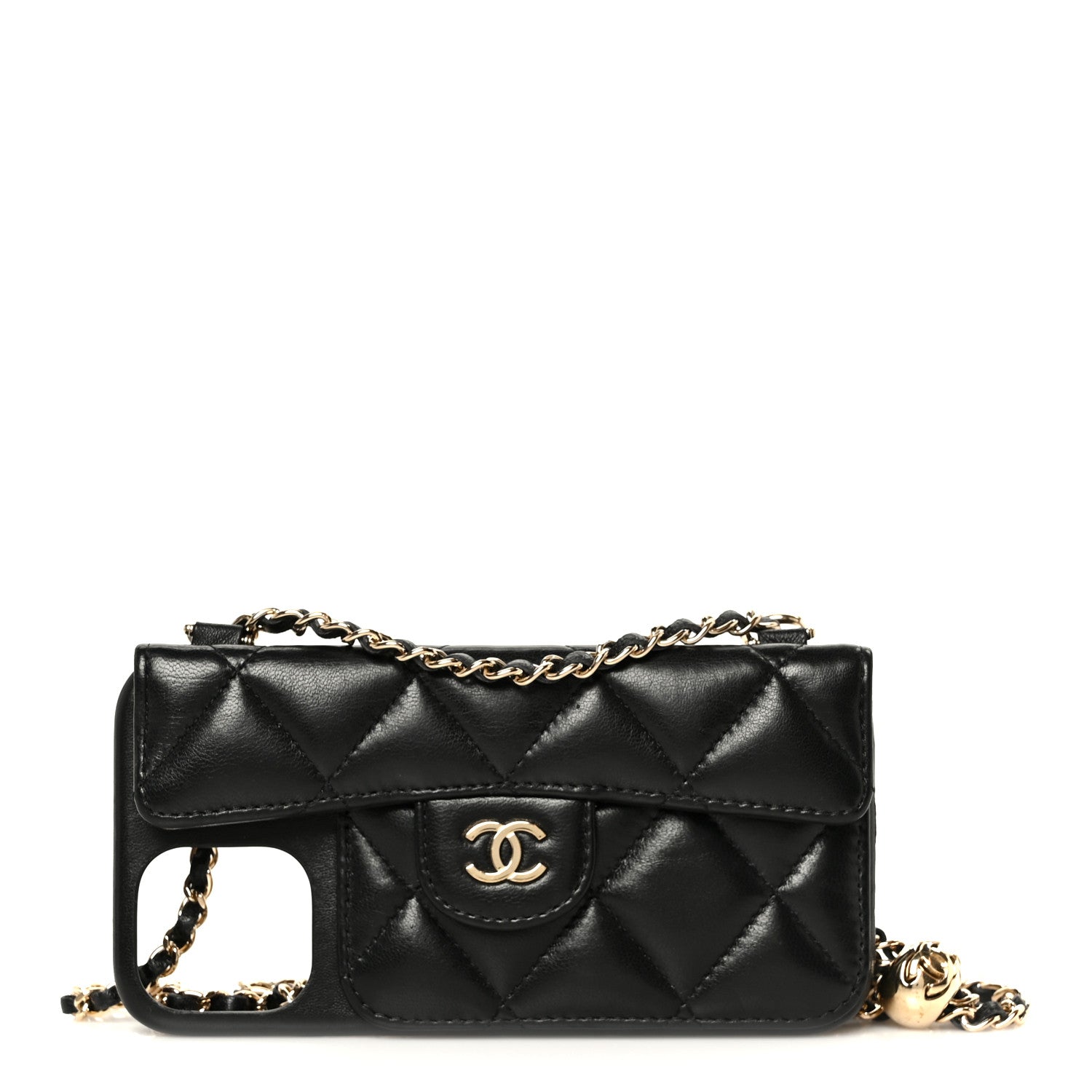 Chanel Lambskin Quilted Pearl Crush iPhone XII Pro Holder With Chain Black 1 of 11
