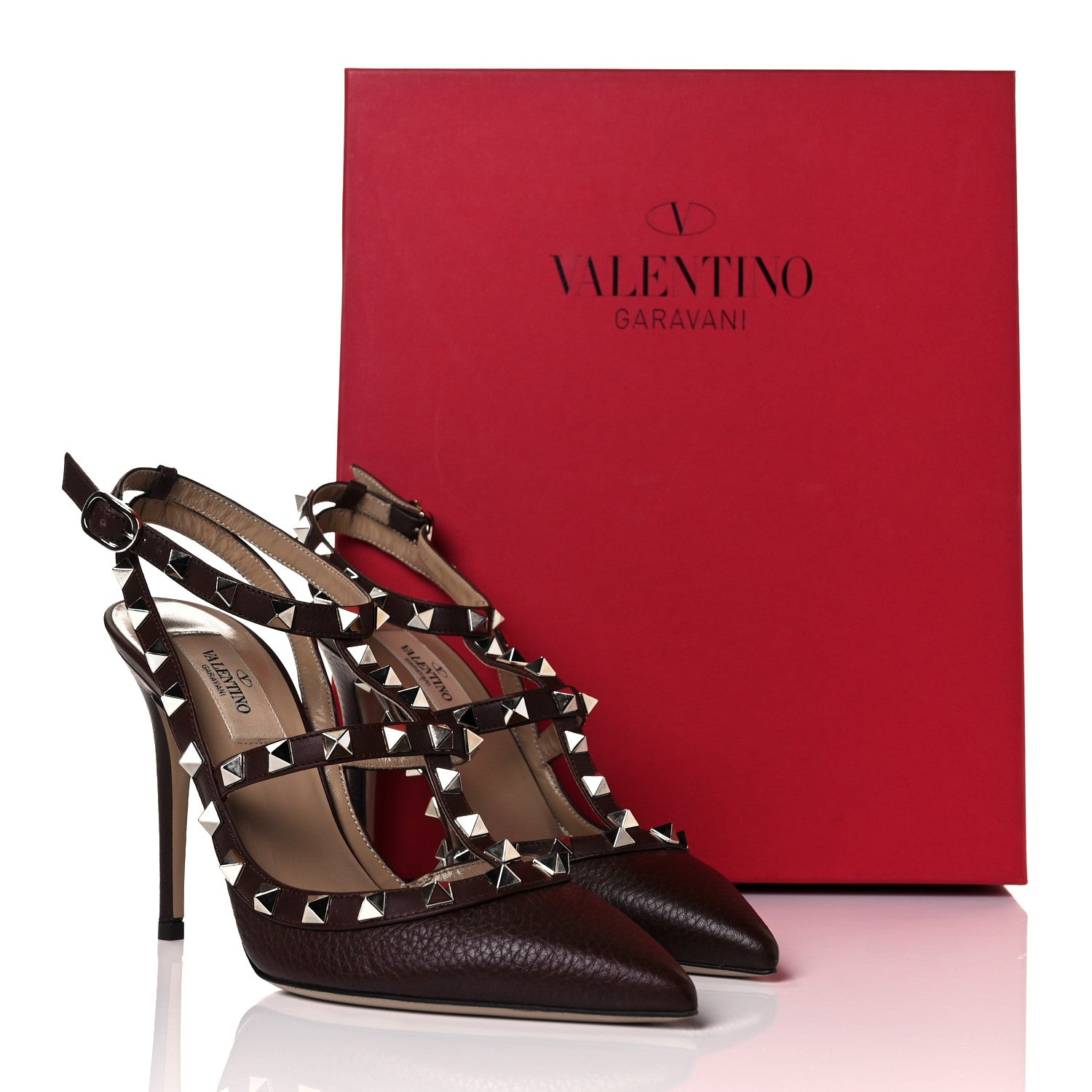 Valentino Garavani Pebbled Calfskin Rockstud Ankle Strap Pumps 37 Chocolate 10 of 10