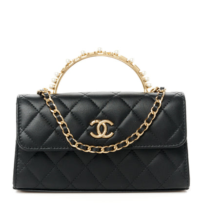 Chanel Lambskin Pearl Crystal Quilted Pearly Girl Handle Flap Phone Holder With Chain Black 1 of 12