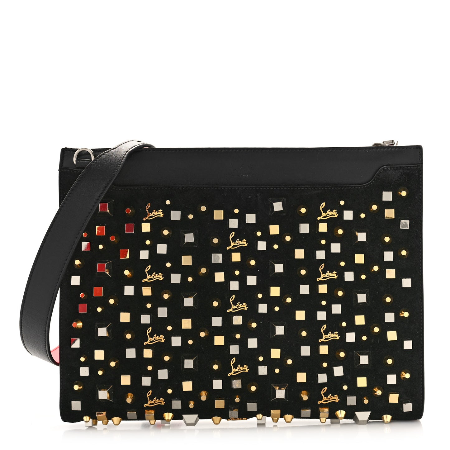 Calfskin Suede Studded Skypouch Crossbody Clutch Black