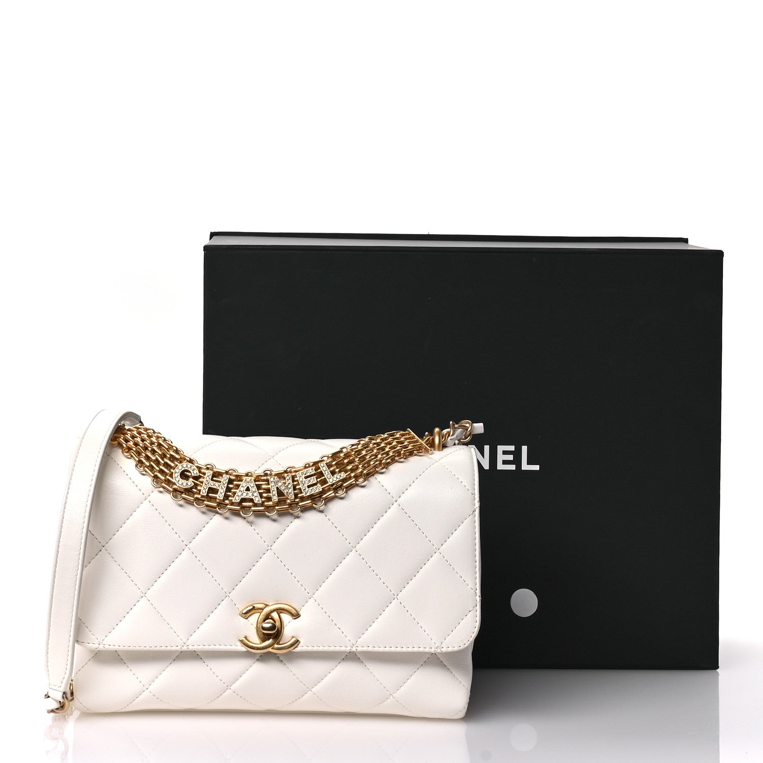 Chanel Lambskin Quilted CC Crystal Logo Chain Flap White 11 of 11