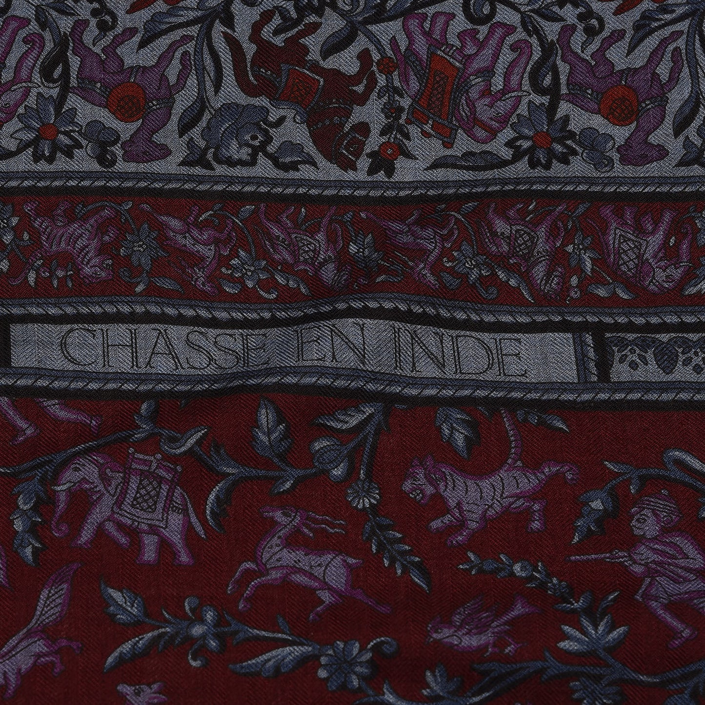 Cashmere Silk Chasse En Inde Shawl 140 Bleu Chine Violet Blue Jean
