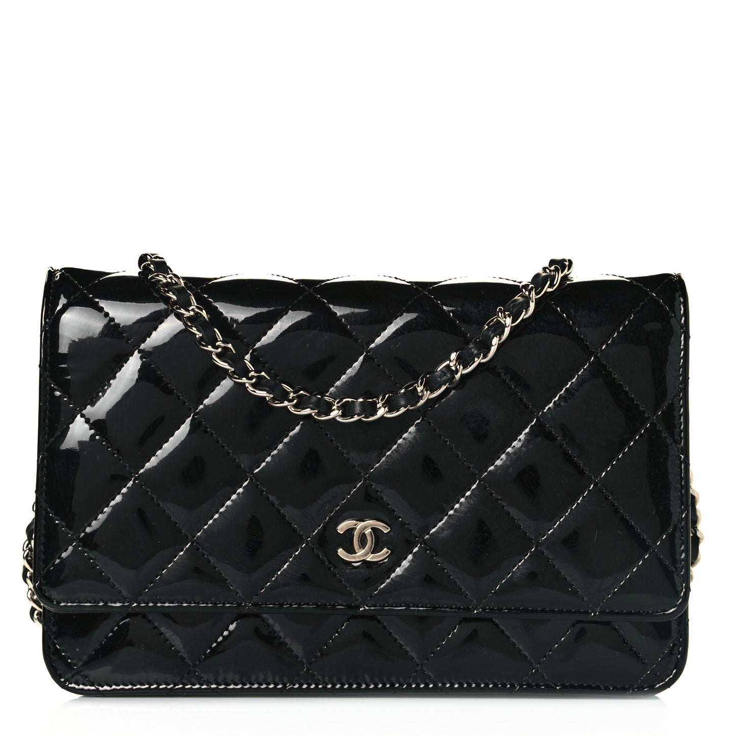 Patent Quilted Wallet On Chain WOC Black