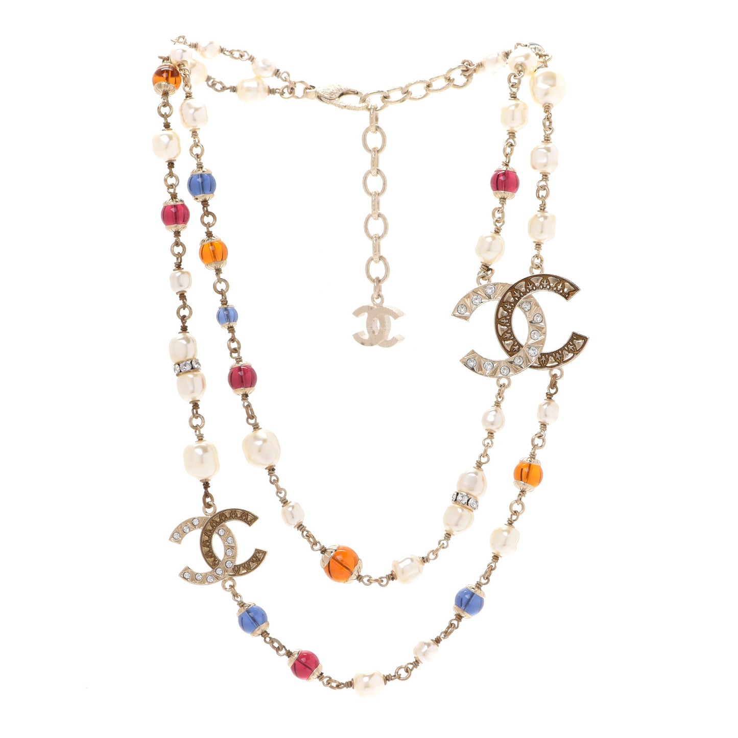 Pearl Beaded Crystal CC Long Necklace Gold Multi