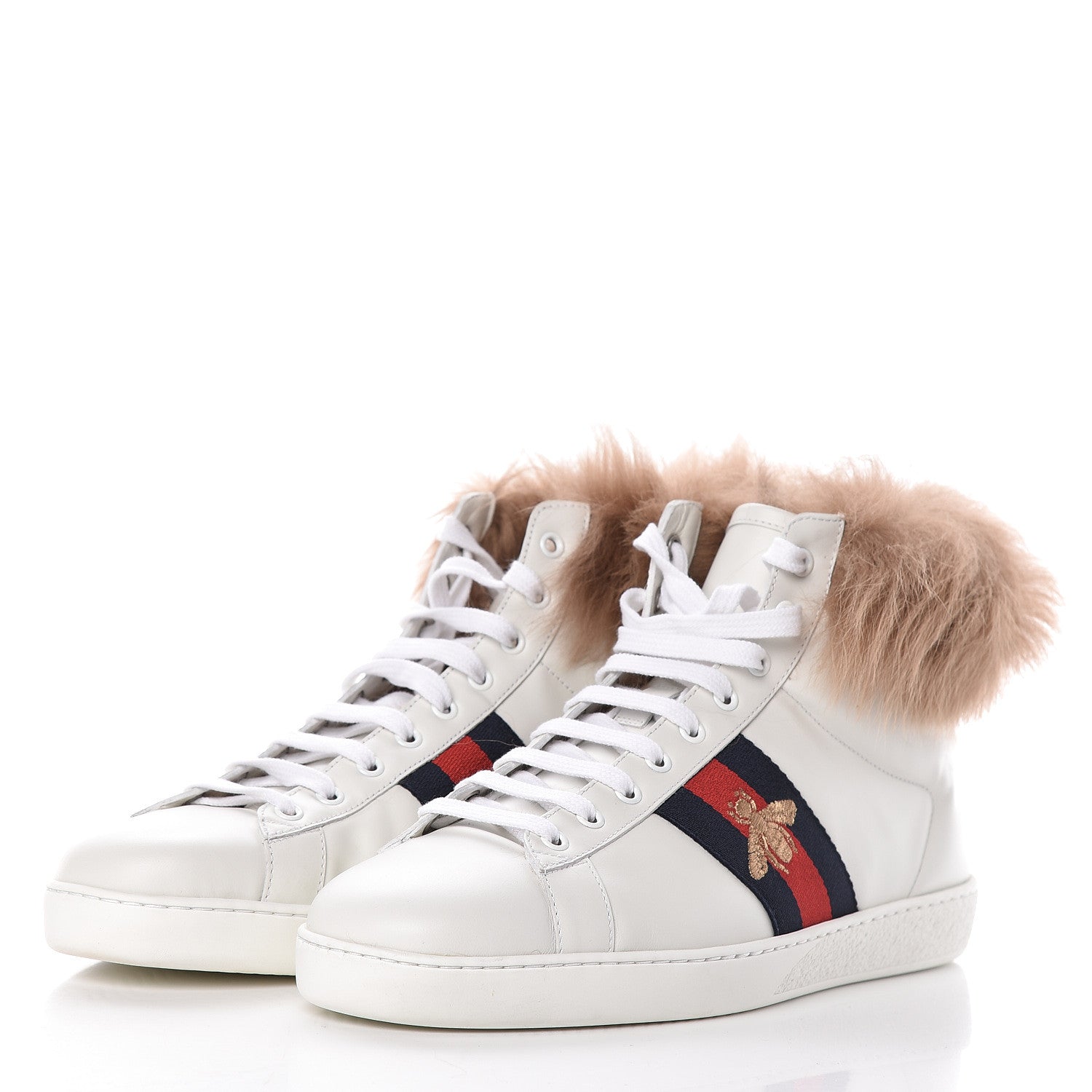 Gucci Calfskin Wool Web Bee Embroidered Mens Ace High Top Sneakers 9 White 3 of 11