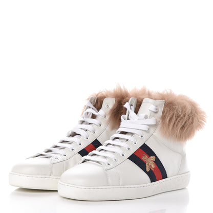 Gucci Calfskin Wool Web Bee Embroidered Mens Ace High Top Sneakers 9 White 3 of 11