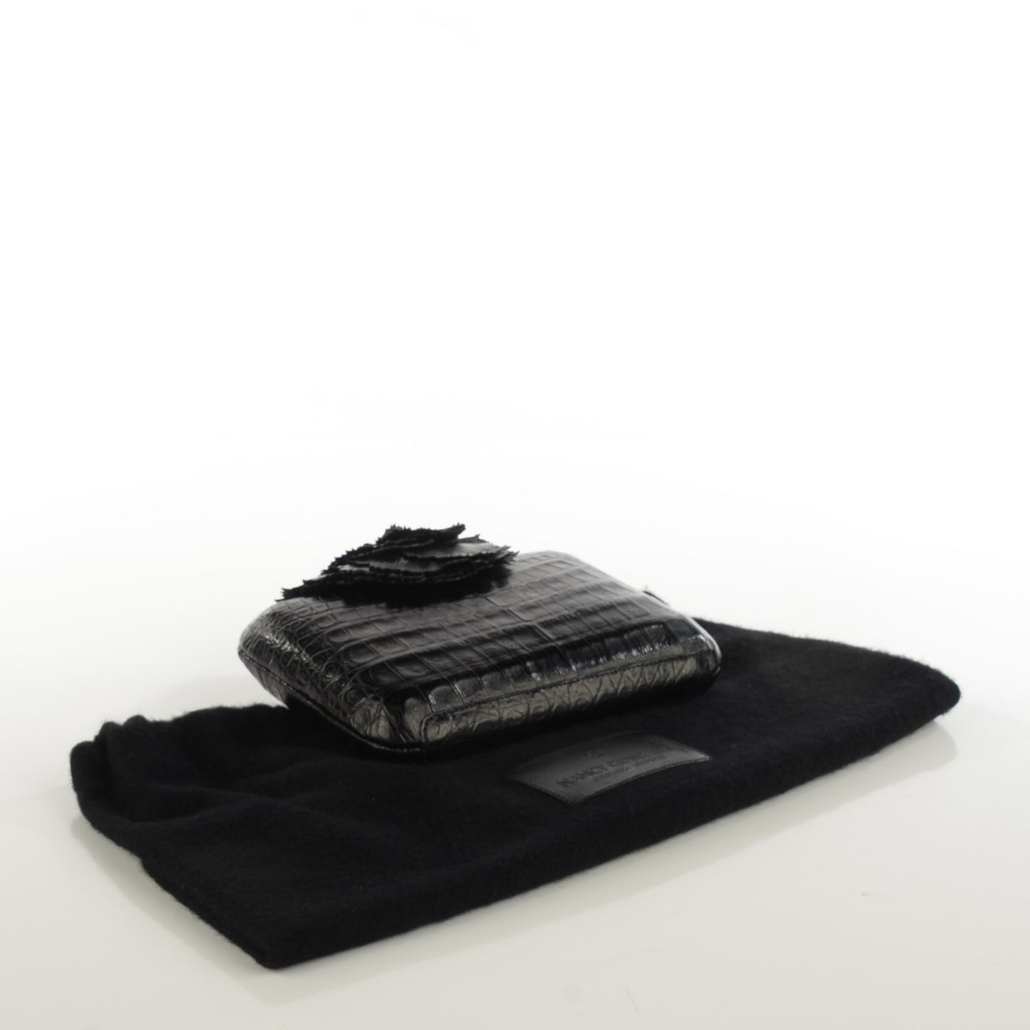 Crocodile Floral Applique Minaudiere Clutch Black