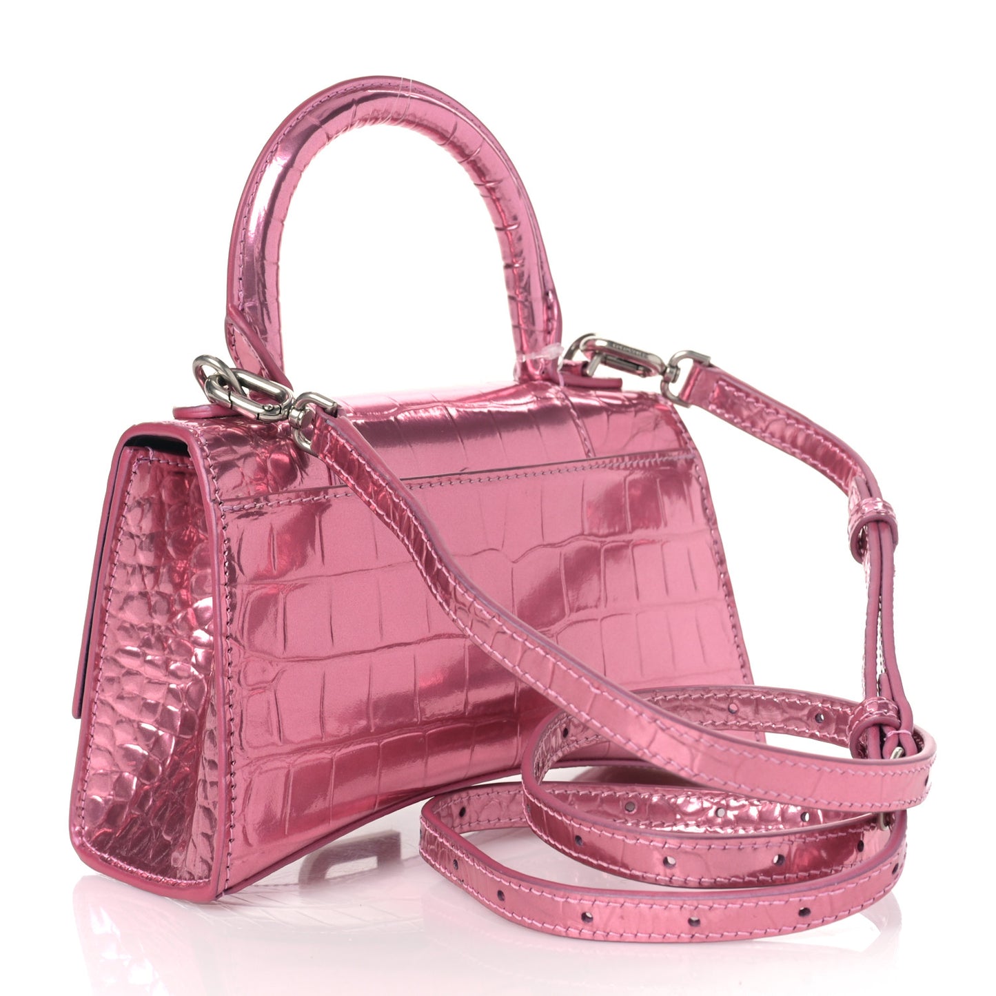 Metallic Shiny Calfskin Crocodile Embossed Hourglass Top Handle Bag XS Pink