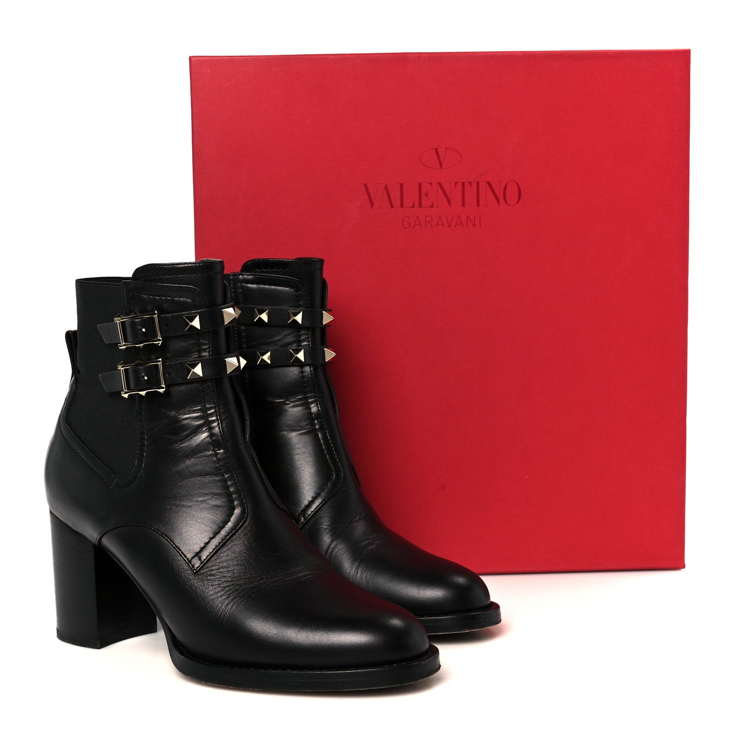 Calfskin Rockstud Double Buckle Beatle Chelsea 70mm Ankle Boots 37.5 Black