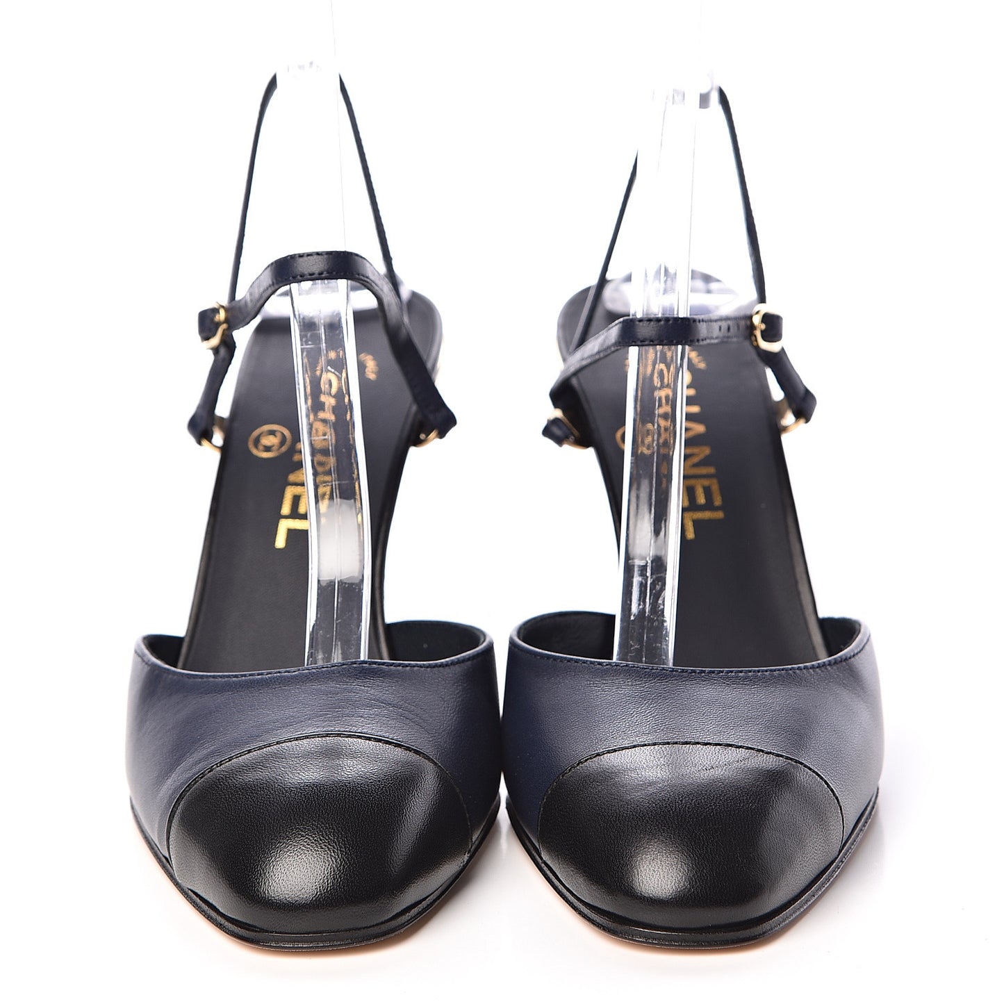 Lambskin Cap Toe CC Ankle Strap Pumps 37 Navy Black