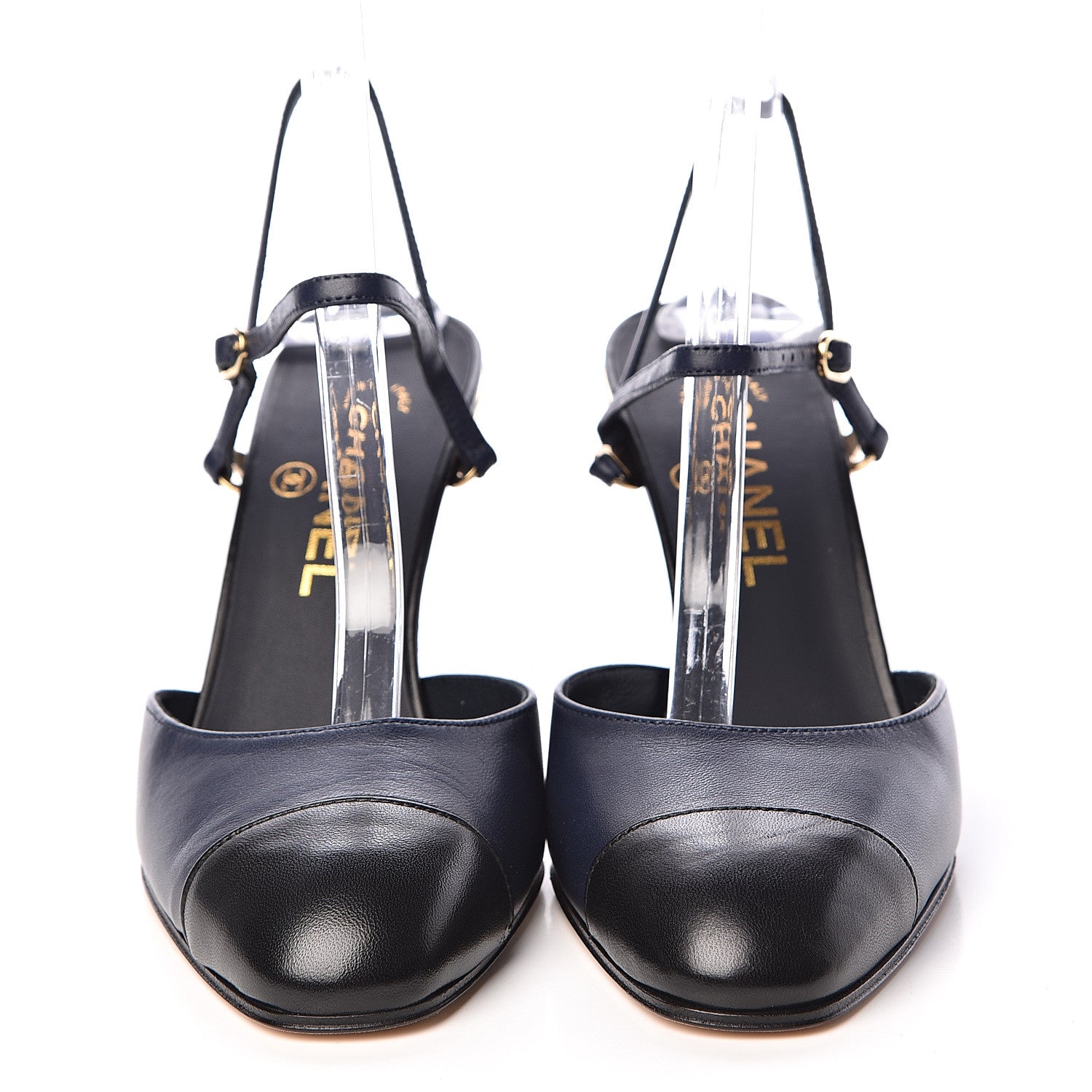 Chanel Lambskin Cap Toe CC Ankle Strap Pumps 37 Navy Black 2 of 13
