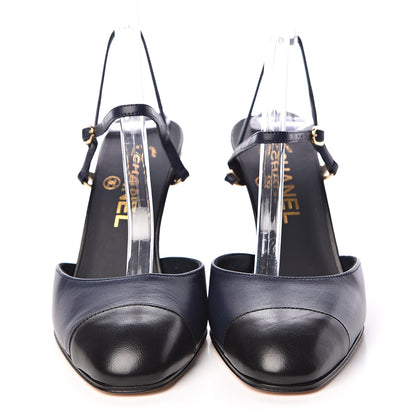 Chanel Lambskin Cap Toe CC Ankle Strap Pumps 37 Navy Black 2 of 13
