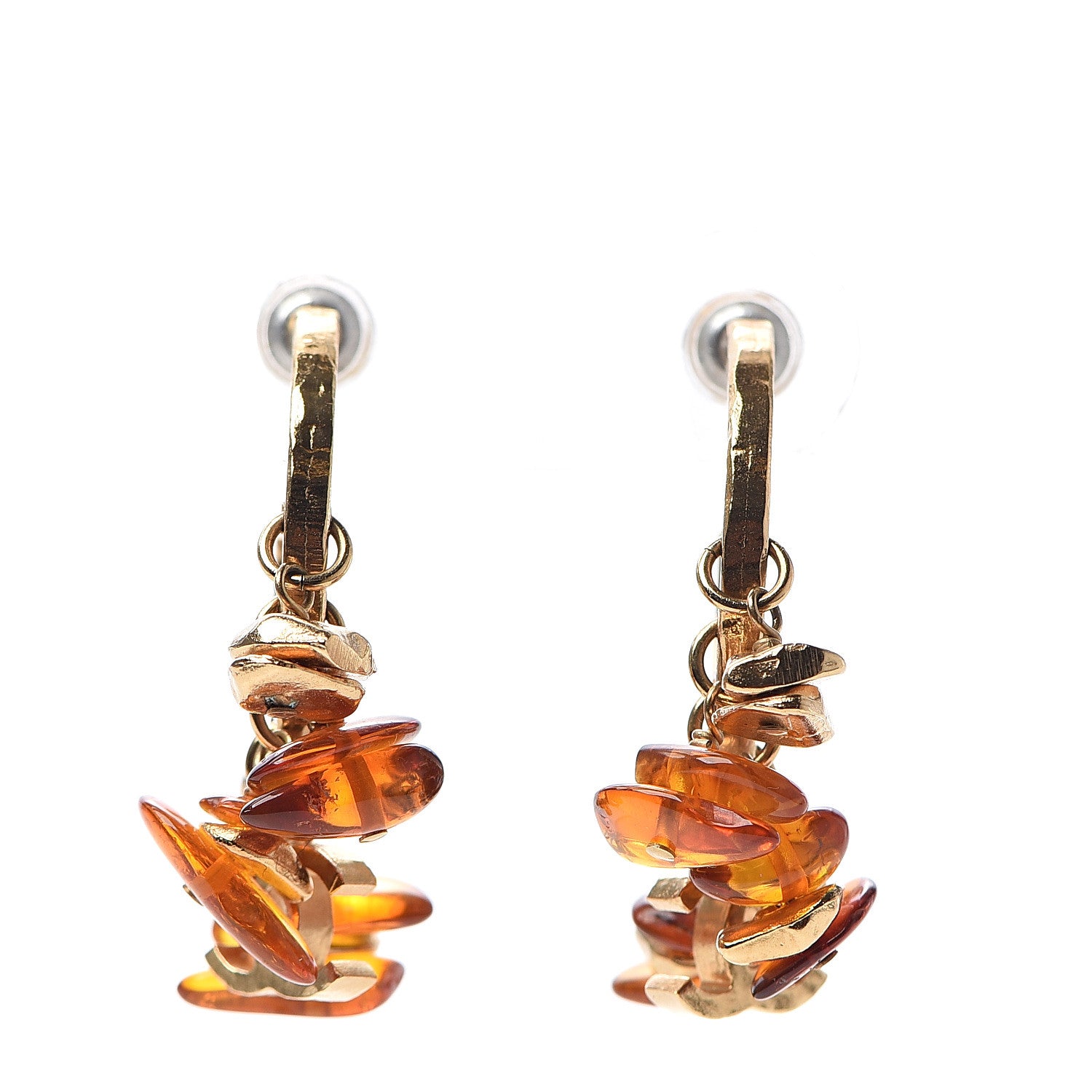 Chanel Brushed Metal Bead CC Hoop Earrings Gold 1 of 5
