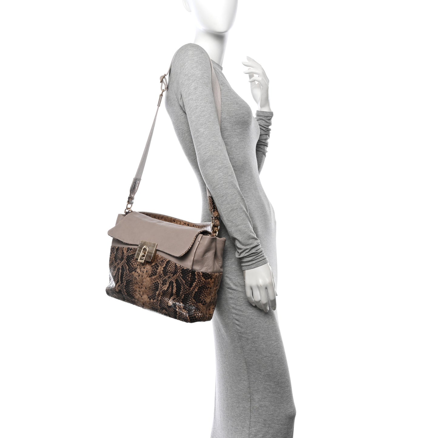 Calfskin Snakeskin Print Embossed Medium Fantaisie Double Carry Flap Shoulder Bag Gris