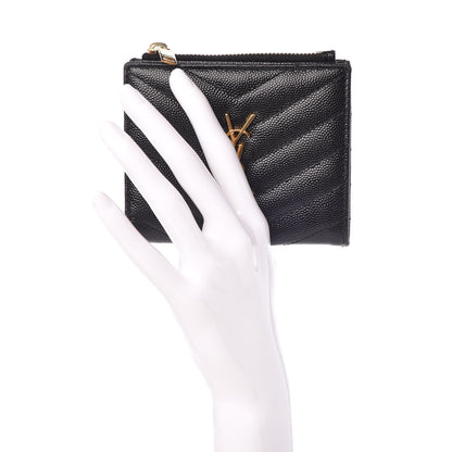Saint Laurent Grain De Poudre Matelasse Chevron Monogram Zipped Card Case Black 2 of 9