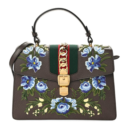 Gucci Calfskin Embroidered Medium Sylvie Top Handle Bag New Acero Multicolor 1 of 9