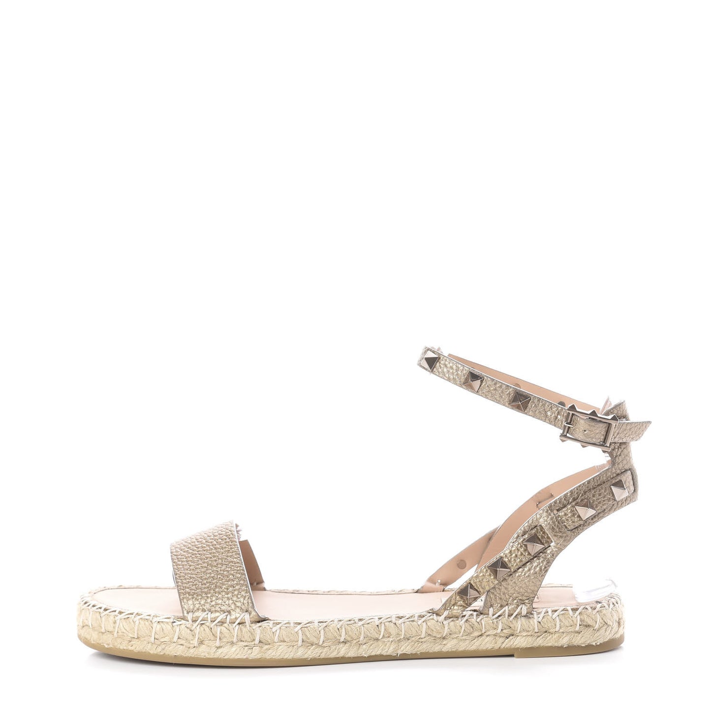 Metallic Calfskin Rockstud Ankle Strap Espadrille Flat Sandals 39 Skin