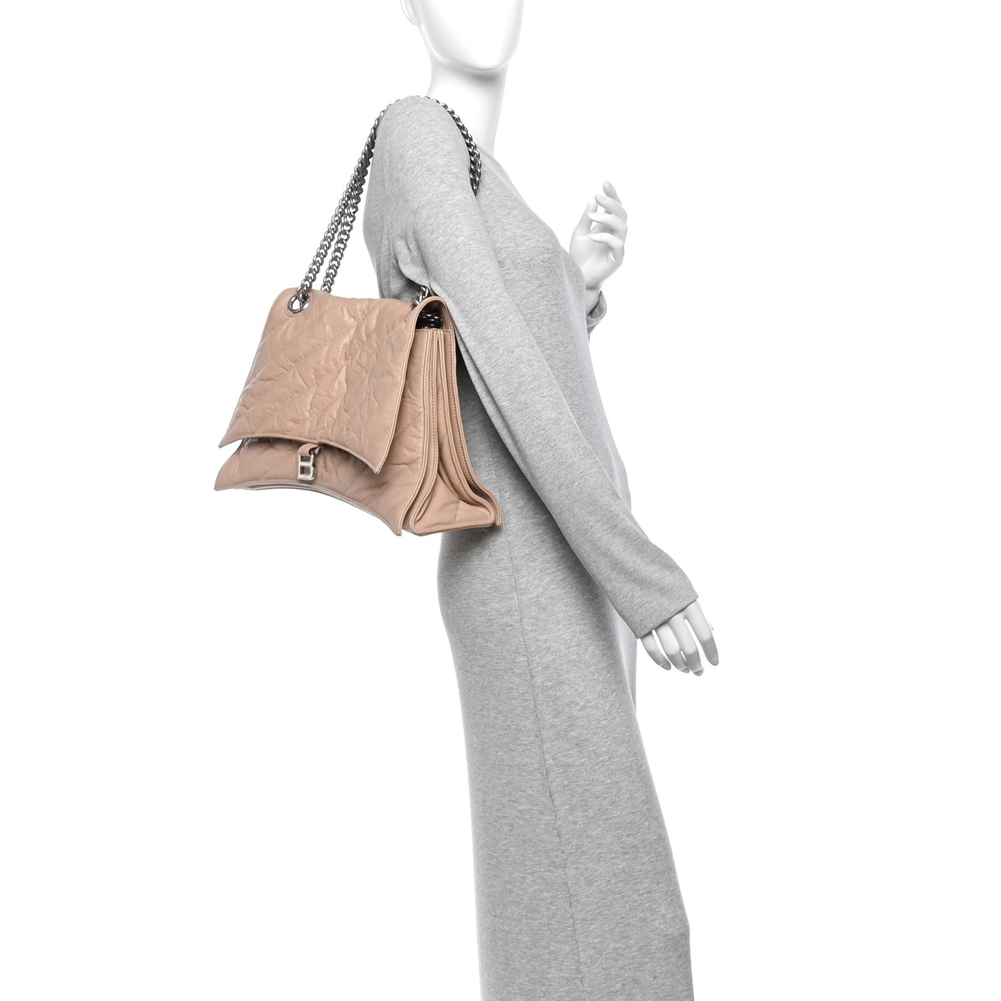 Crushed Calfskin Quilted Silver Hardware Large Crush Chain Bag Nude