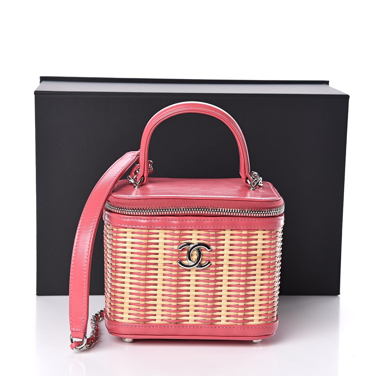 Calfskin Raffia Small Take Away Vanity Case Bag Pink Beige