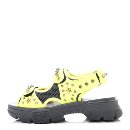 Gucci Technical Canvas Calfskin Studded Mens Aguru Sandals 8 Neon Yellow 1 of 11