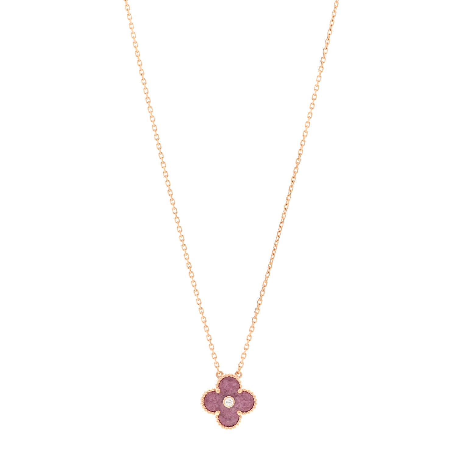 Van Cleef & Arpels 18K Rose Gold Diamond Rhodonite Vintage Alhambra Pendant Necklace 1 of 6