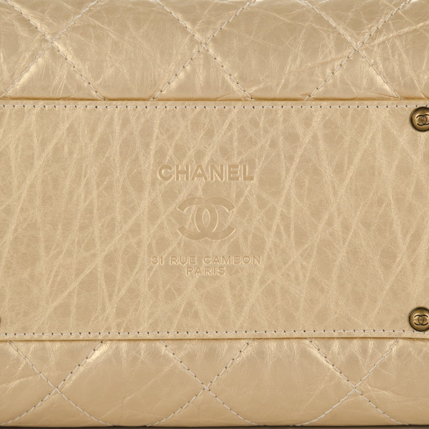 Metallic Aged Calfskin Quilted Large Secret Tag Bowling Bag Gold