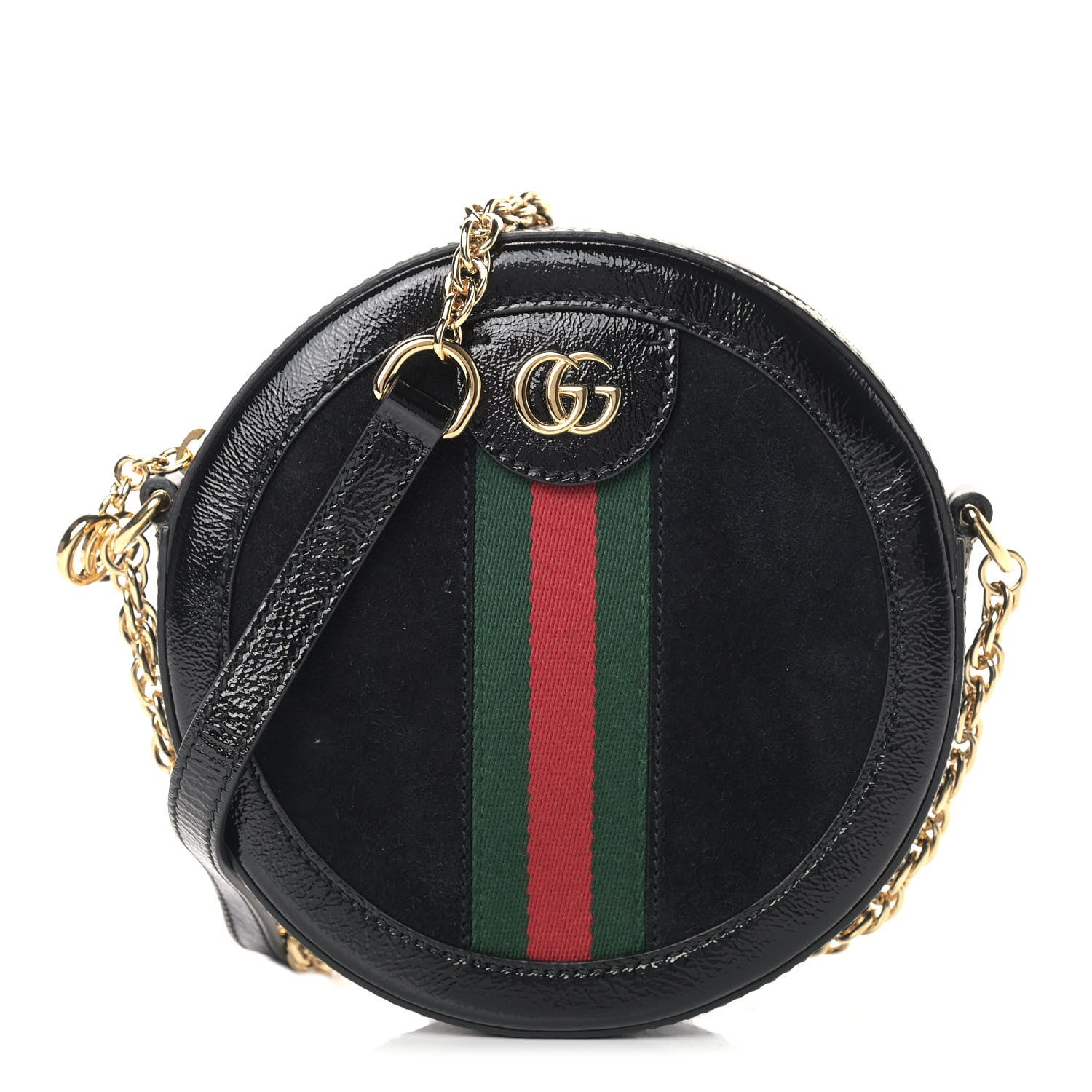 Gucci Suede Patent Web Mini Ophidia Round Shoulder Bag Black 1 of 11