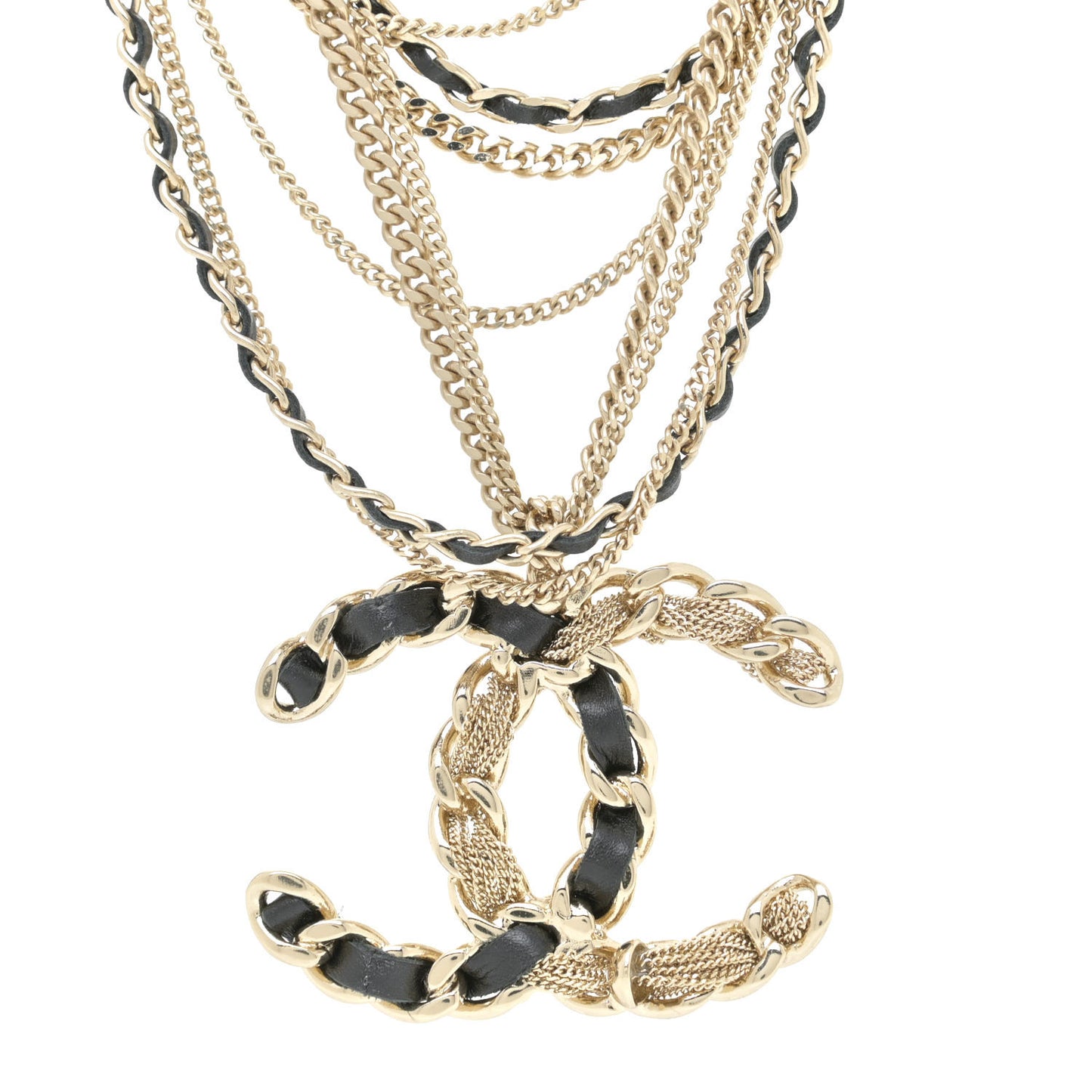 Pearl Lambskin Chain CC Multi Strand Necklace Gold Black