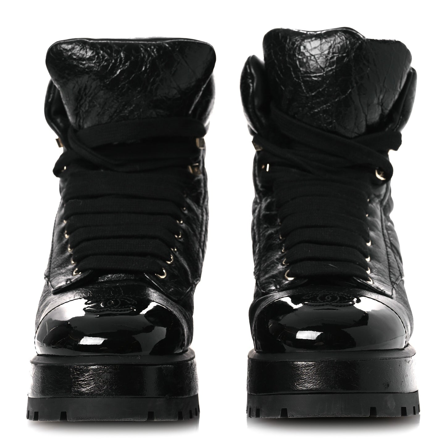 Crumpled Patent Lambskin Calfskin Quilted Lace Up Combat Boots 39 Black