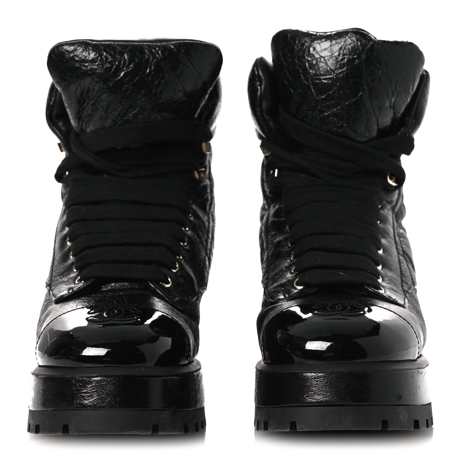 Chanel Crumpled Patent Lambskin Calfskin Quilted Lace Up Combat Boots 39 Black 3 of 11