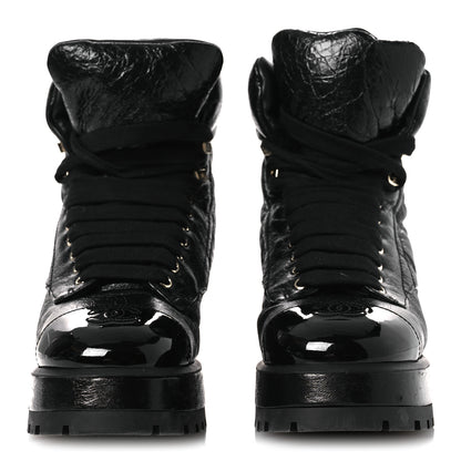 Chanel Crumpled Patent Lambskin Calfskin Quilted Lace Up Combat Boots 39 Black 3 of 11