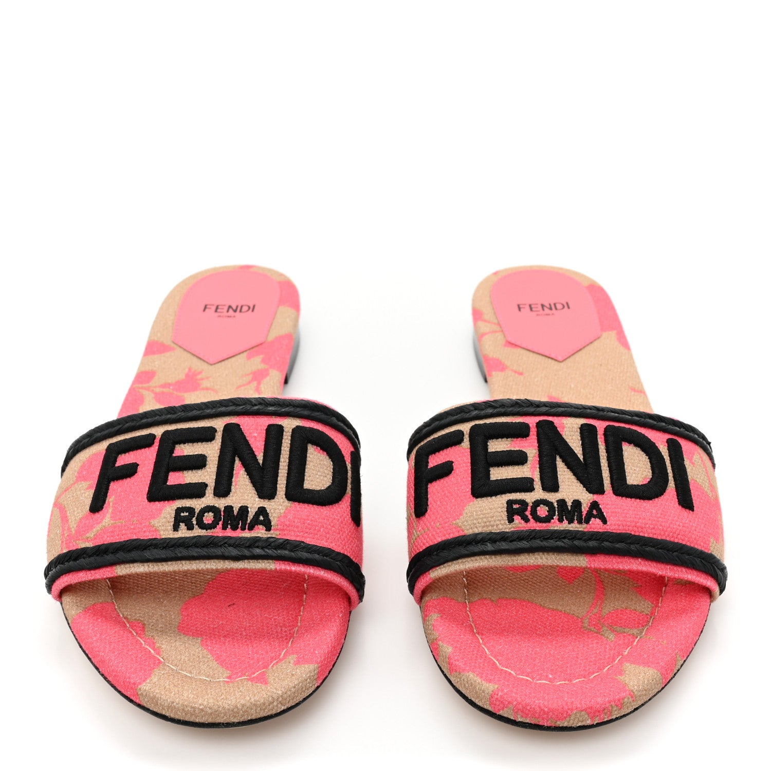 Fendi Canvas Rose Logo Embroidered Flat Slide Sandals 38.5 Kissed Black 2 of 7