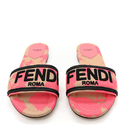 Fendi Canvas Rose Logo Embroidered Flat Slide Sandals 38.5 Kissed Black 2 of 7