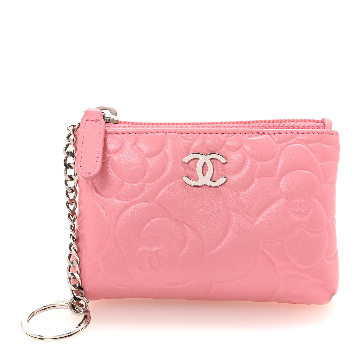 Lambskin Camellia Embossed Key Holder Case Pink