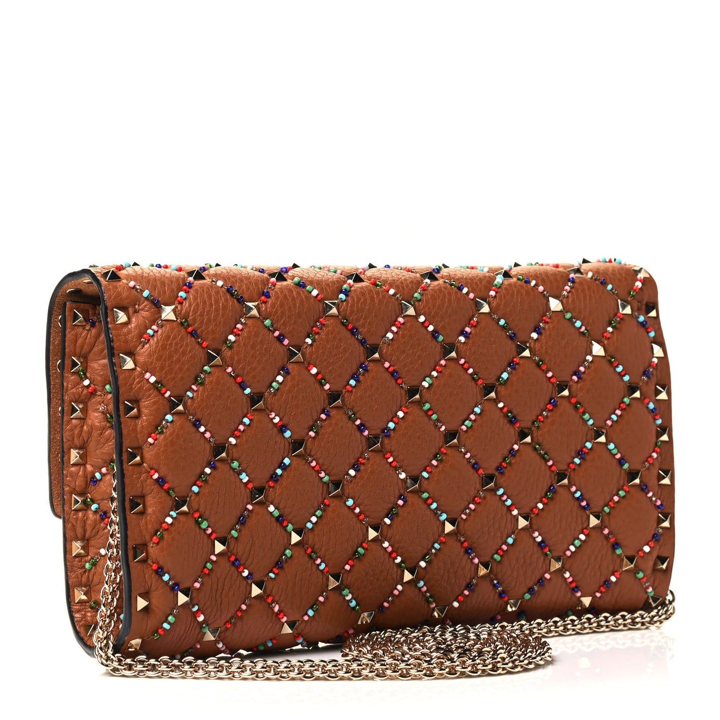 Grained Calfskin Beaded Rockstud Spike Wallet on Chain Light Cuir